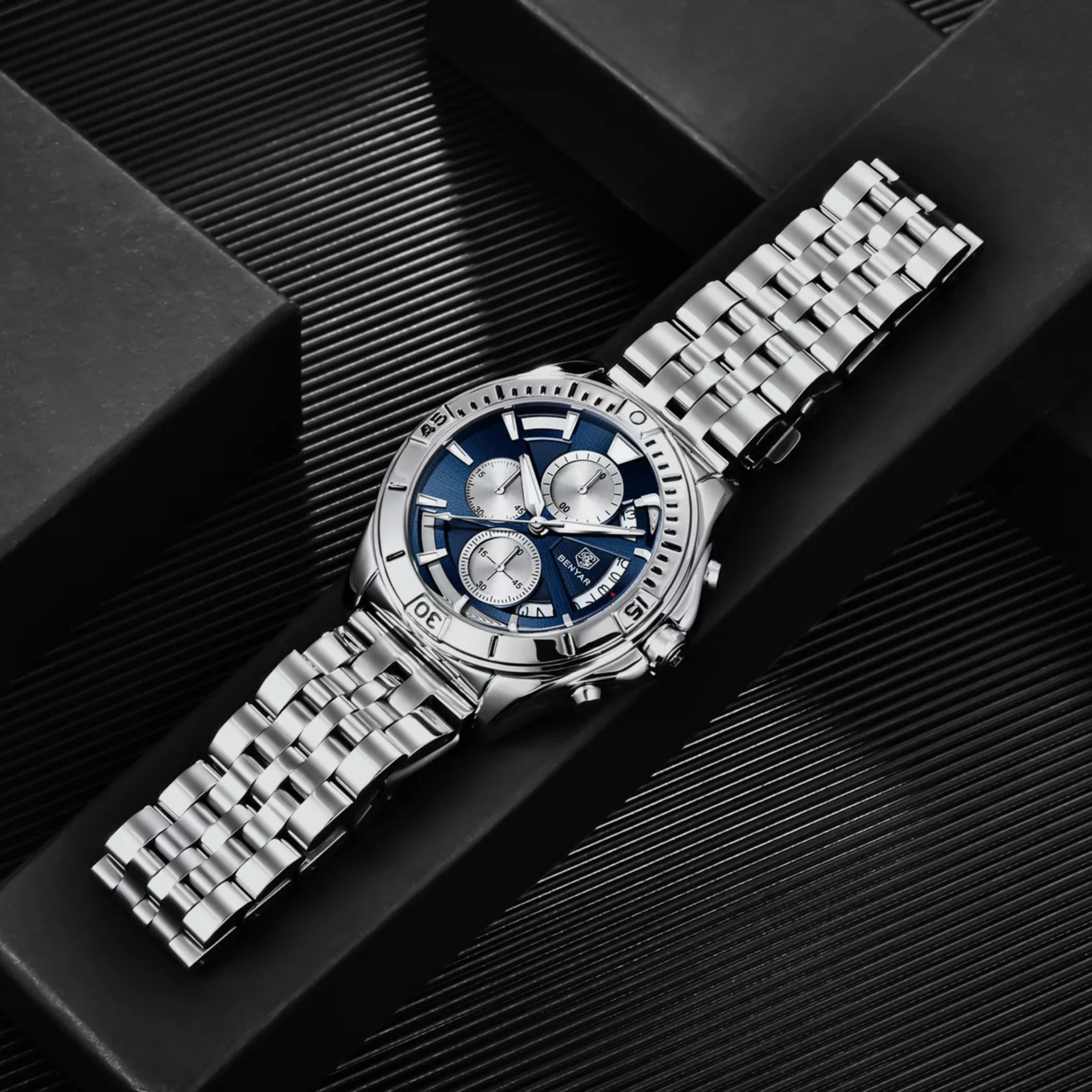 BENYAR BY-5180A – montre chronographe de luxe pour hommes avec bracelet en acier inoxydable - Bleu – Image 4