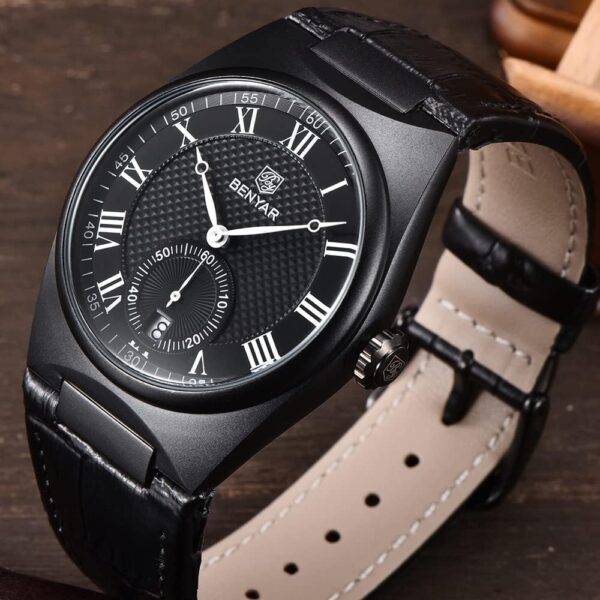 BENYAR BY-5199A – montre classique de luxe pour hommes avec bracelet en cuir - Noir – Image 2