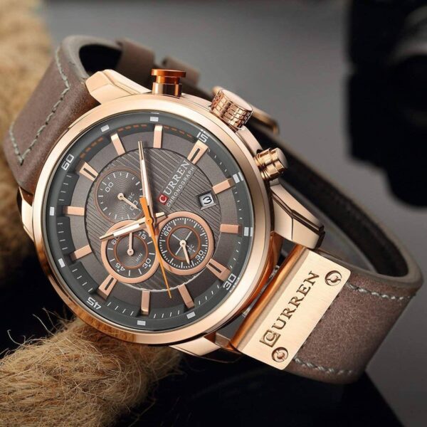CURREN 8291A – montre chronographe de luxe pour hommes avec bracelet en cuir – Marron & Doré – Image 2