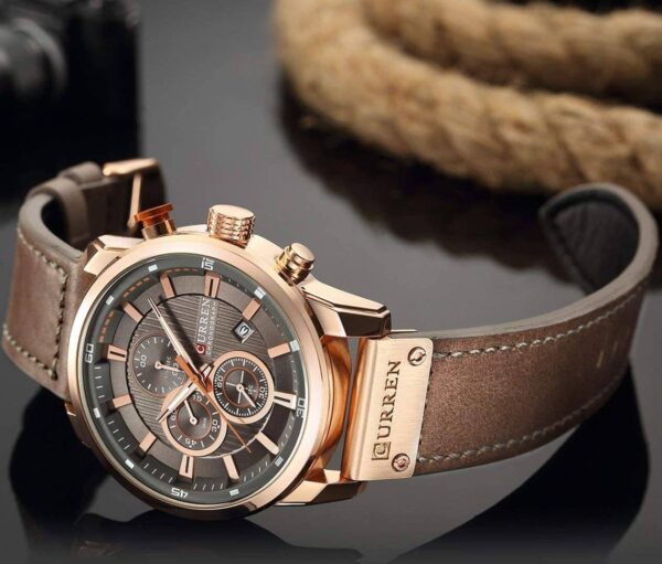 CURREN 8291A – montre chronographe de luxe pour hommes avec bracelet en cuir – Marron & Doré – Image 3