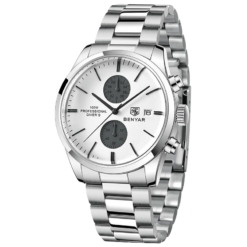 BENYAR BY-5187C Montre Homme Chronographe Étanche en Acier Inoxydable - Argenté & Blanc