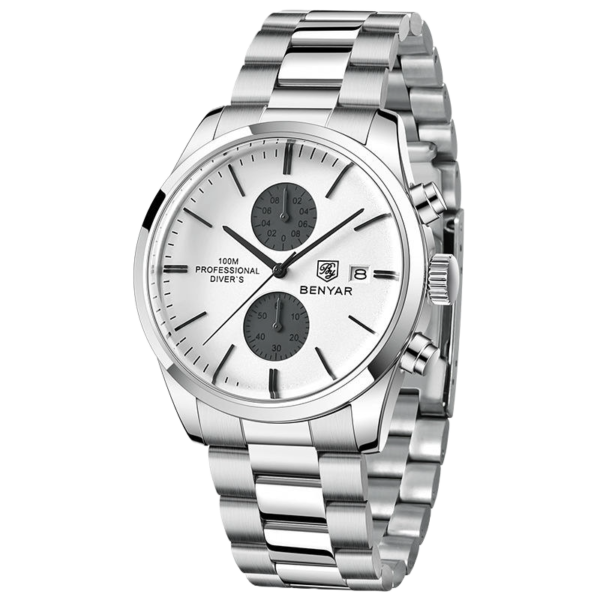 BENYAR BY-5187C Montre Homme Chronographe Étanche en Acier Inoxydable - Argenté & Blanc