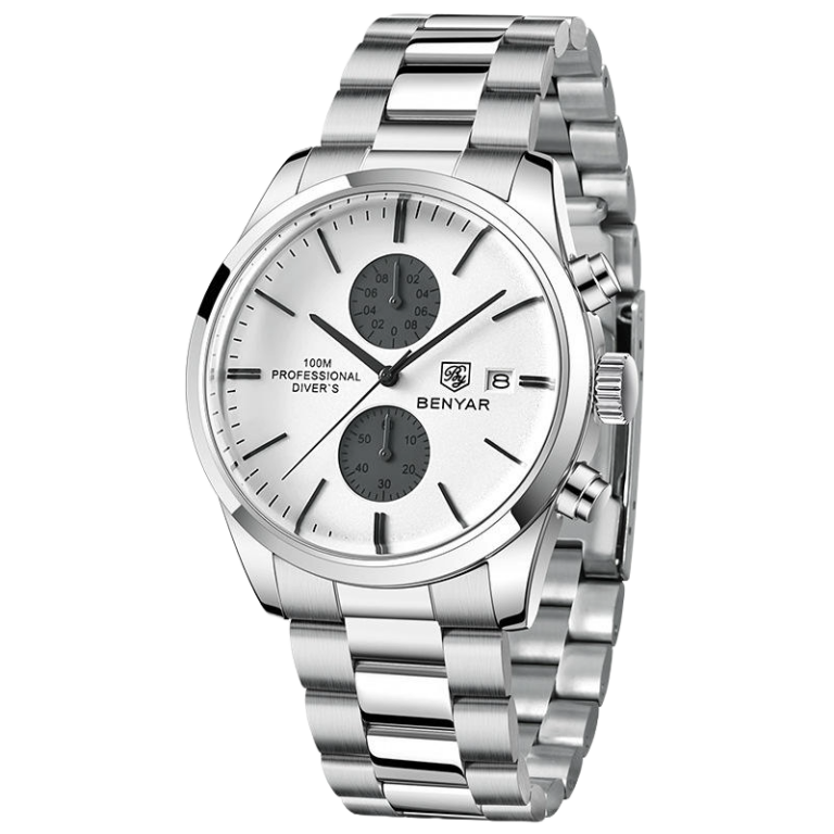 BENYAR BY-5187C Montre Homme Chronographe Étanche en Acier Inoxydable - Argenté & Blanc