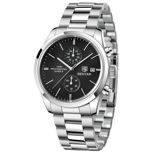 BENYAR BY-5187A Montre Homme Chronographe Étanche en Acier Inoxydable - Argenté & Noire