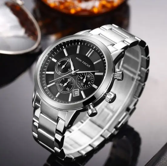 Alternative view of MINI FOCUS MF51 – montre chronographe de luxe pour hommes avec bracelet en acier inoxydable – Gris & Noir