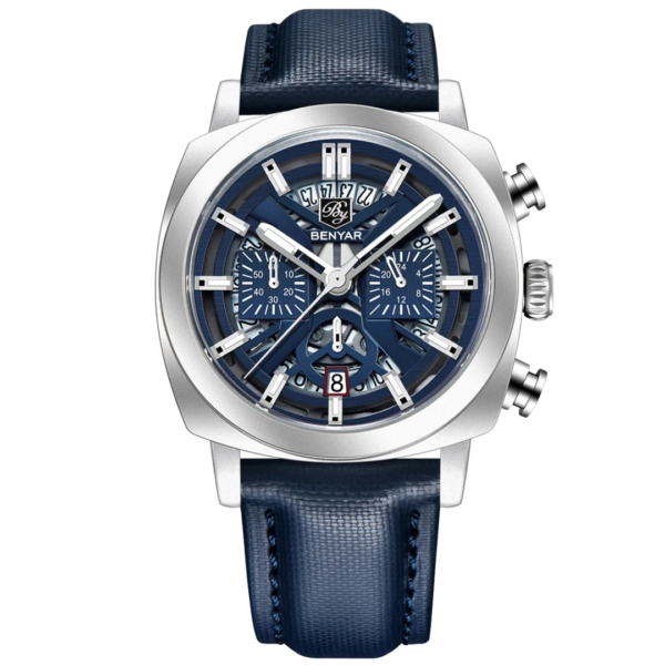 BENYAR BY-5205B – montre classique de luxe pour hommes avec bracelet en cuir - Bleu & Argenté