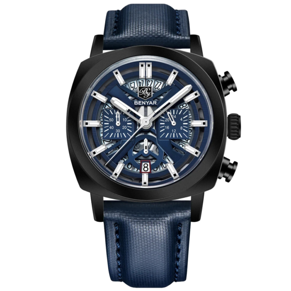 BENYAR BY-5205C – montre classique de luxe pour hommes avec bracelet en cuir - Bleu & Noir
