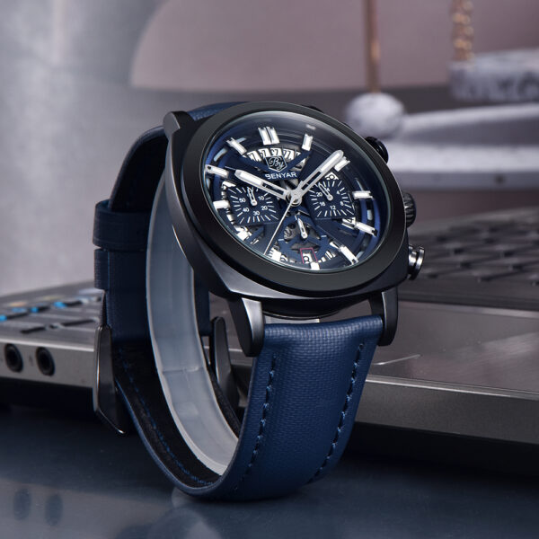 BENYAR BY-5205C – montre classique de luxe pour hommes avec bracelet en cuir - Bleu & Noir – Image 3