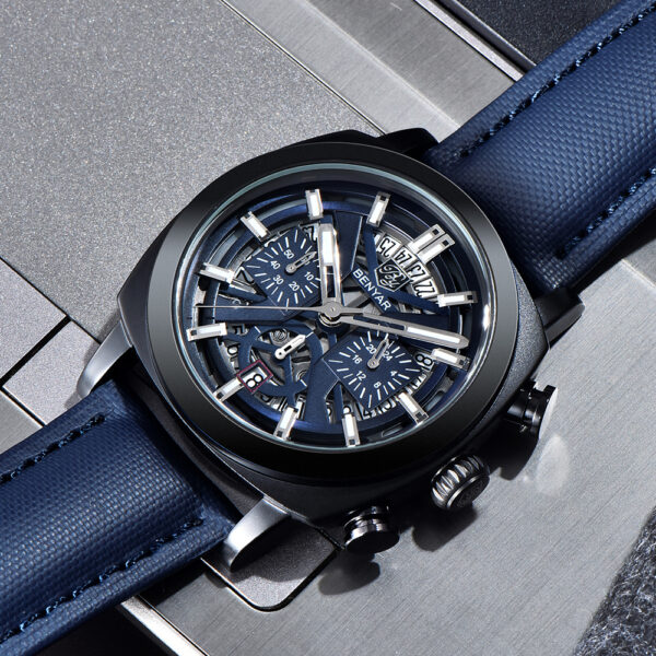 BENYAR BY-5205C – montre classique de luxe pour hommes avec bracelet en cuir - Bleu & Noir – Image 2