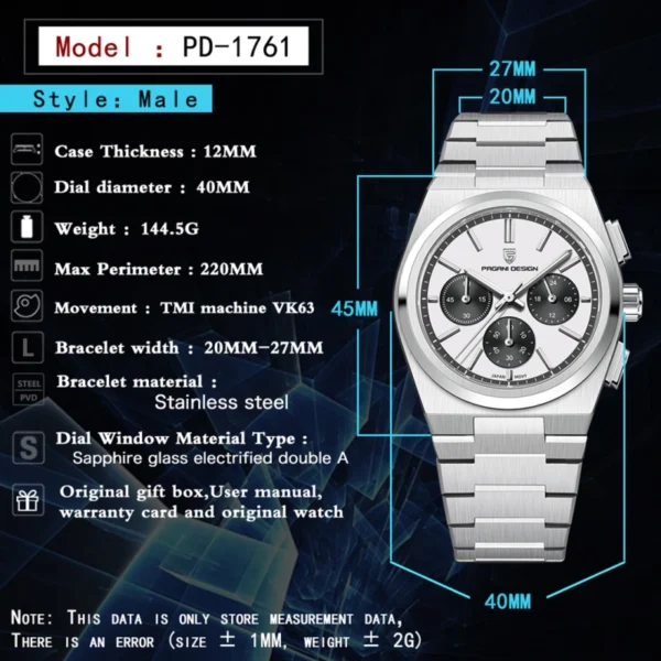 PAGANI DESIGN PD-1761B - Montre Homme Chronographe Étanche en Acier Inoxydable - Blanche – Image 8