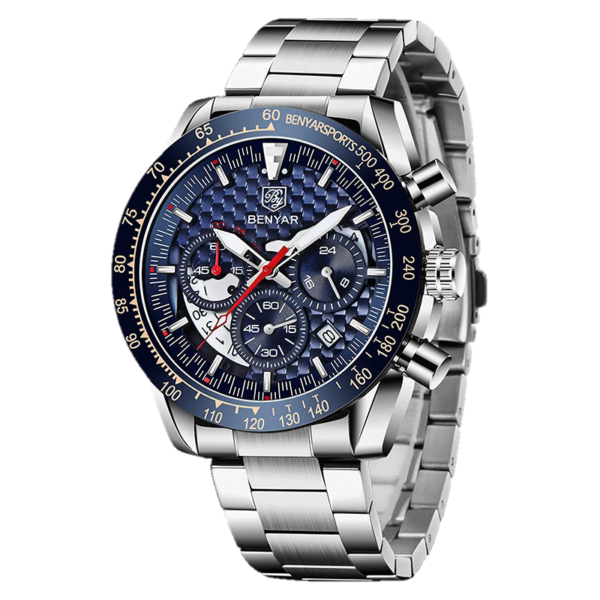BENYAR BY-5175A Montre Homme Chronographe Étanche avec bracelet en Acier inoxydable - Bleu