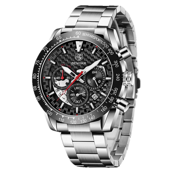 BENYAR BY-5175B Montre Homme Chronographe Étanche avec bracelet en Acier inoxydable - Noir