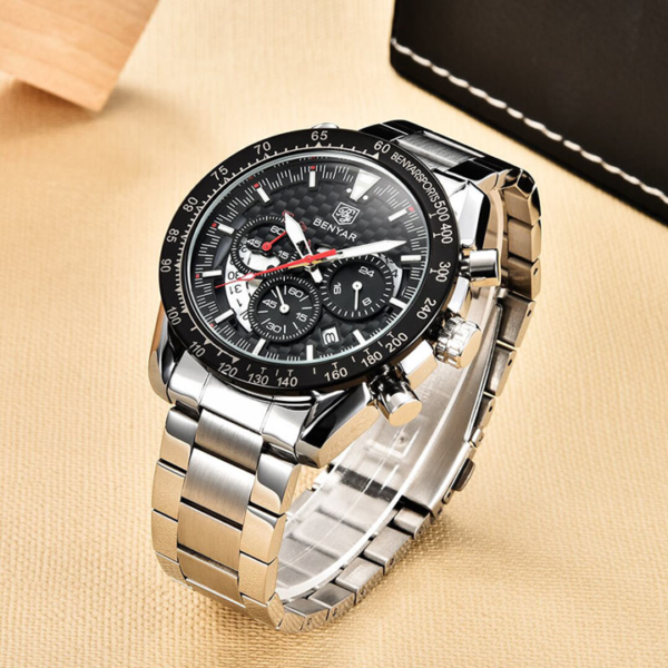 BENYAR BY-5175B Montre Homme Chronographe Étanche avec bracelet en Acier inoxydable - Noir – Image 3