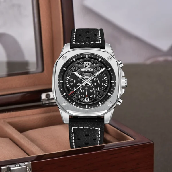 Alternative view of BENYAR BY-5222A – montre classique de luxe pour hommes avec bracelet en cuir - Noir