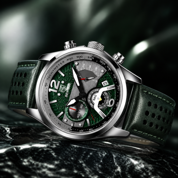 Alternative view of BENYAR BY-5171C Montre Homme Chronographe Vert– Bracelet en Cuir, Style Sport Chic & Étanche