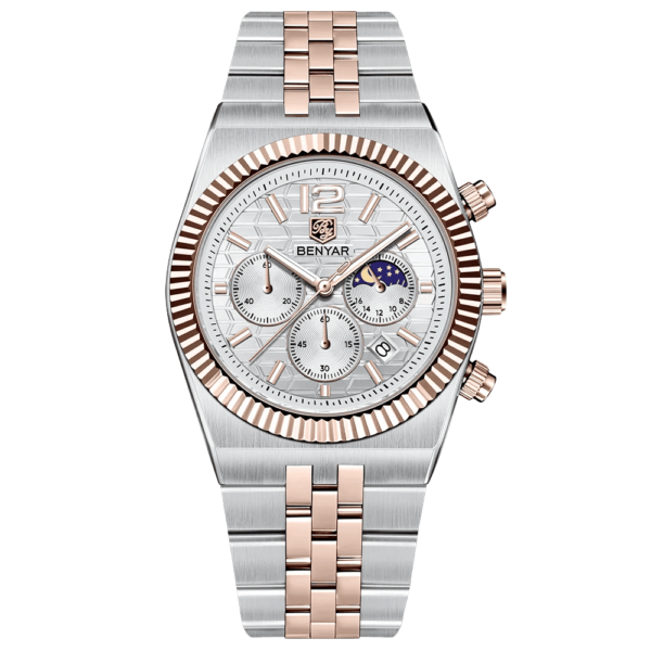 BENYAR BY-5225F Montre Homme Chronographe Étanche en Acier Inoxydable - Blanc & Bronze
