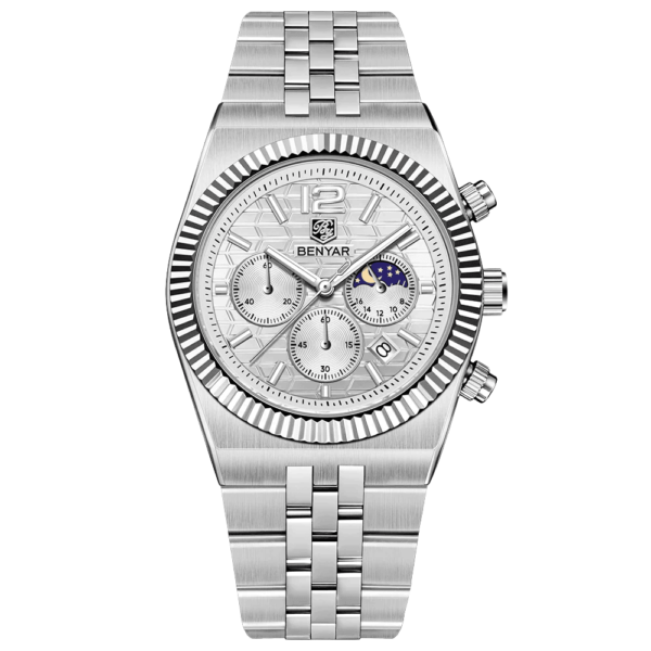 BENYAR BY-5225B Montre Homme Chronographe Étanche en Acier Inoxydable - Blanc