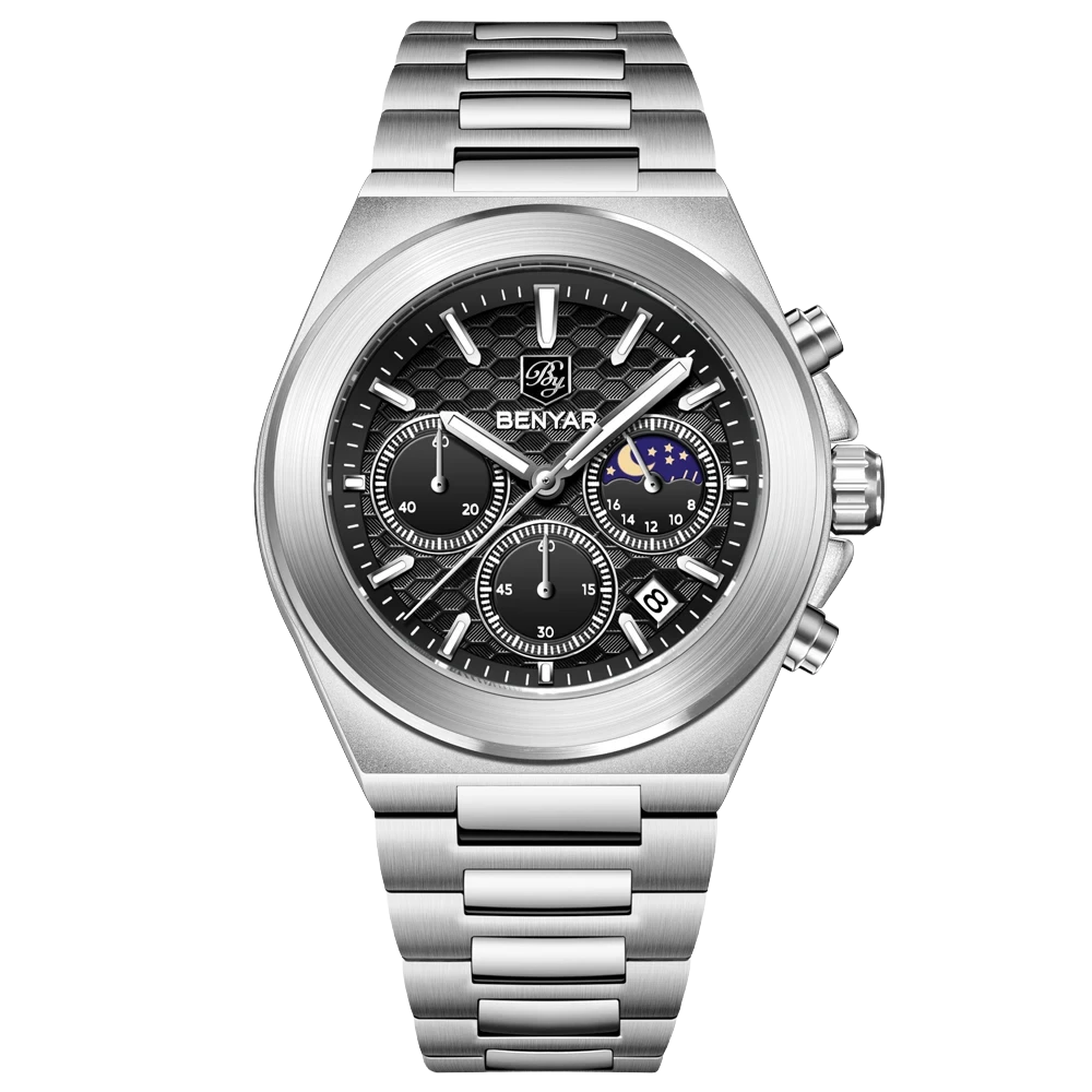 BENYAR BY-5250A Montre Homme Chronographe Étanche en Acier Inoxydable - Noir