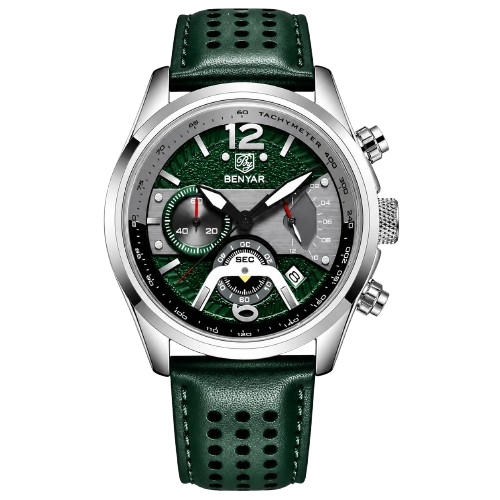BENYAR BY-5171C Montre Homme Chronographe Vert– Bracelet en Cuir, Style Sport Chic & Étanche