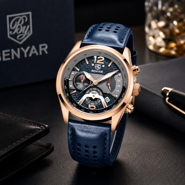 Alternative view of BENYAR BY-5171D Montre Homme Chronographe Bleu & Bronze – Bracelet en Cuir, Style Sport Chic & Étanche