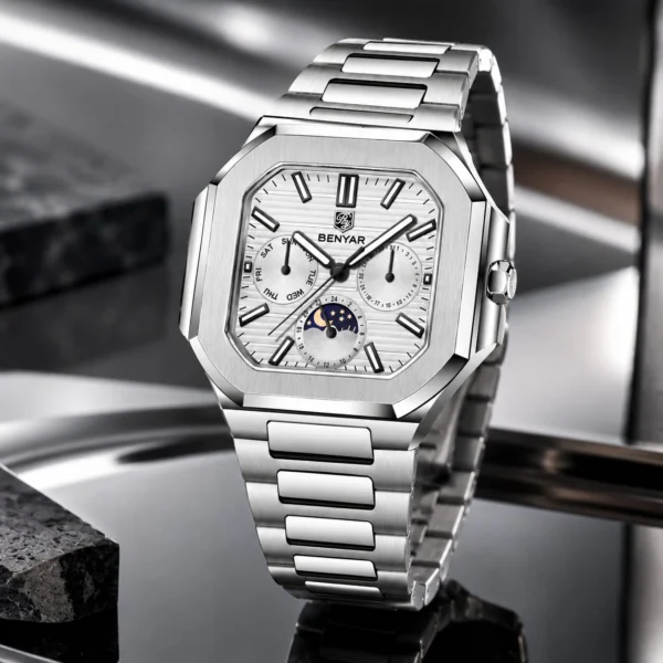 Alternative view of BENYAR BY-5221B Montre Homme Classique Étanche en Acier Inoxydable - Blanc