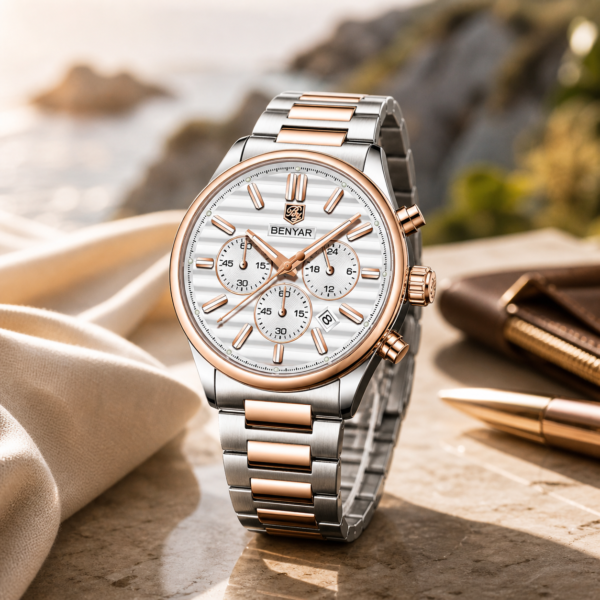 Alternative view of BENYAR BY-5214D Montre Homme Chronographe Étanche en Acier Inoxydable - Blanc & bronze