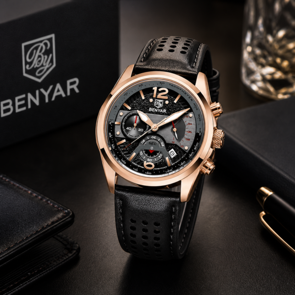 Alternative view of BENYAR BY-5171E Montre Homme Chronographe Noir & Bronze – Bracelet en Cuir, Style Sport Chic & Étanche