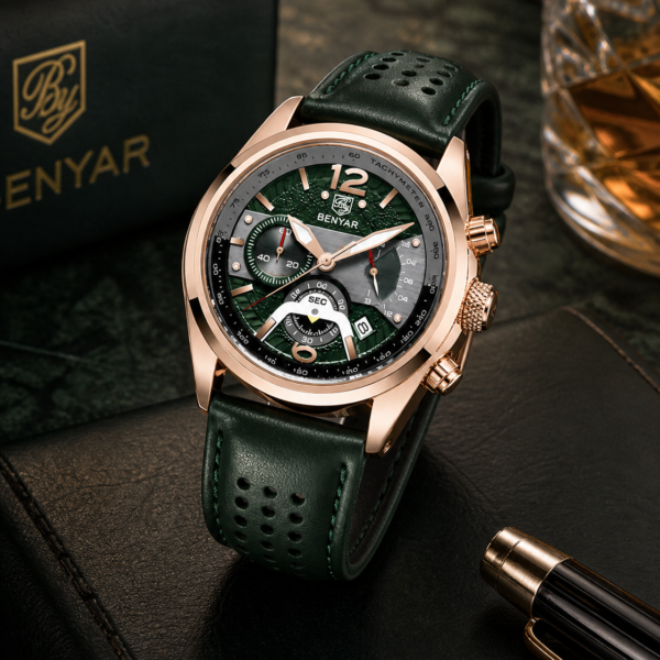 Alternative view of BENYAR BY-5171F Montre Homme Chronographe Vert & Bronze – Bracelet en Cuir, Style Sport Chic & Étanche