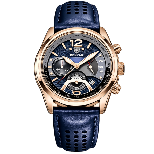 BENYAR BY-5171D Montre Homme Chronographe Bleu & Bronze – Bracelet en Cuir, Style Sport Chic & Étanche