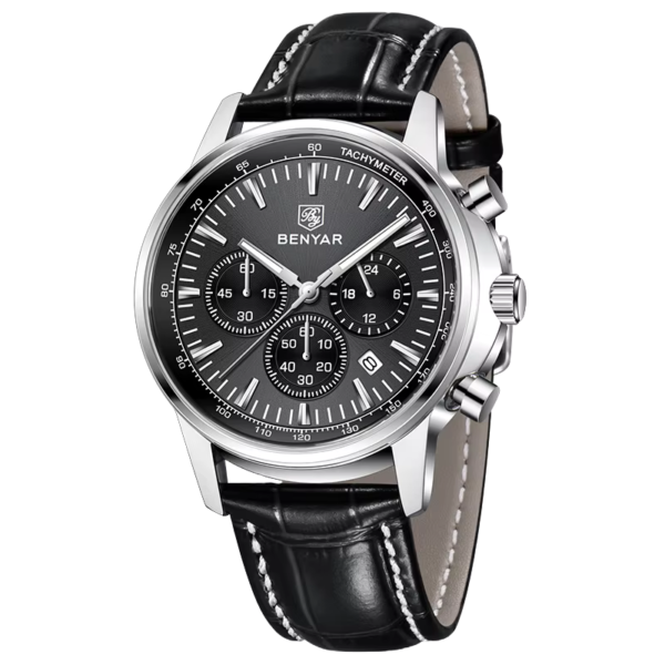BENYAR BY-5213A Montre Homme Chronographe Noir– Bracelet en Cuir, Style Sport Chic & Étanche