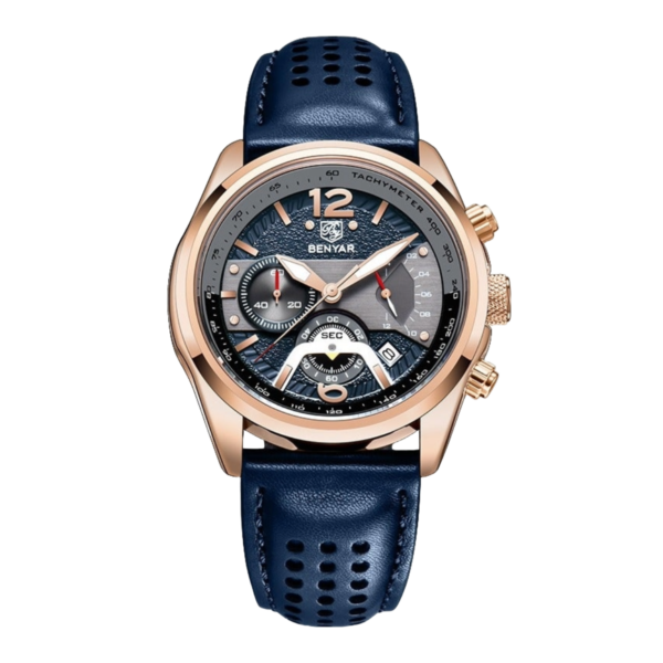BENYAR BY-5171D Montre Homme Chronographe Bleu & Bronze – Bracelet en Cuir, Style Sport Chic & Étanche