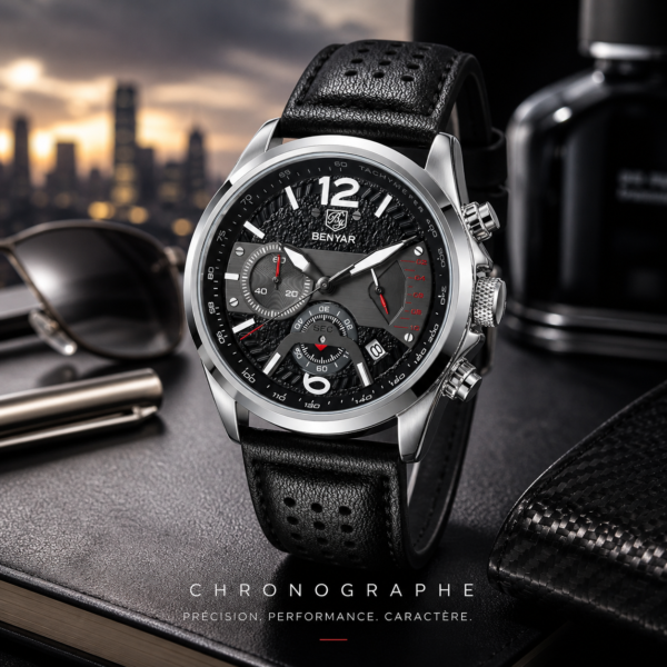 Alternative view of BENYAR BY-5171A Montre Homme Chronographe Noir  – Bracelet en Cuir, Style Sport Chic & Étanche