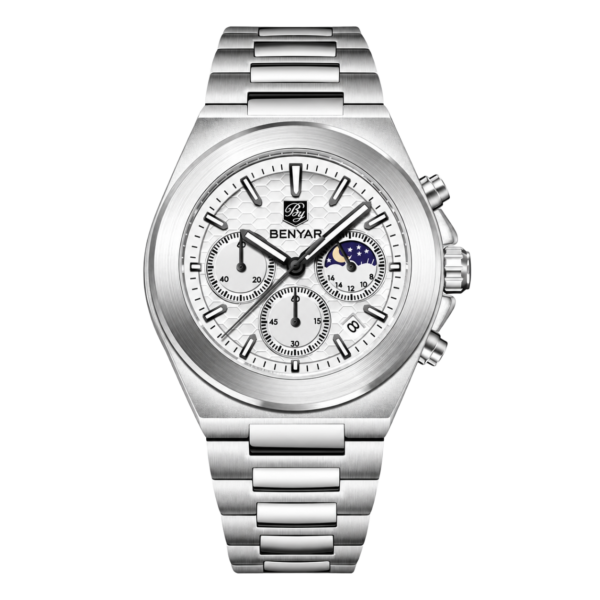 BENYAR BY-5250D Montre Homme Chronographe Étanche en Acier Inoxydable - Blanc