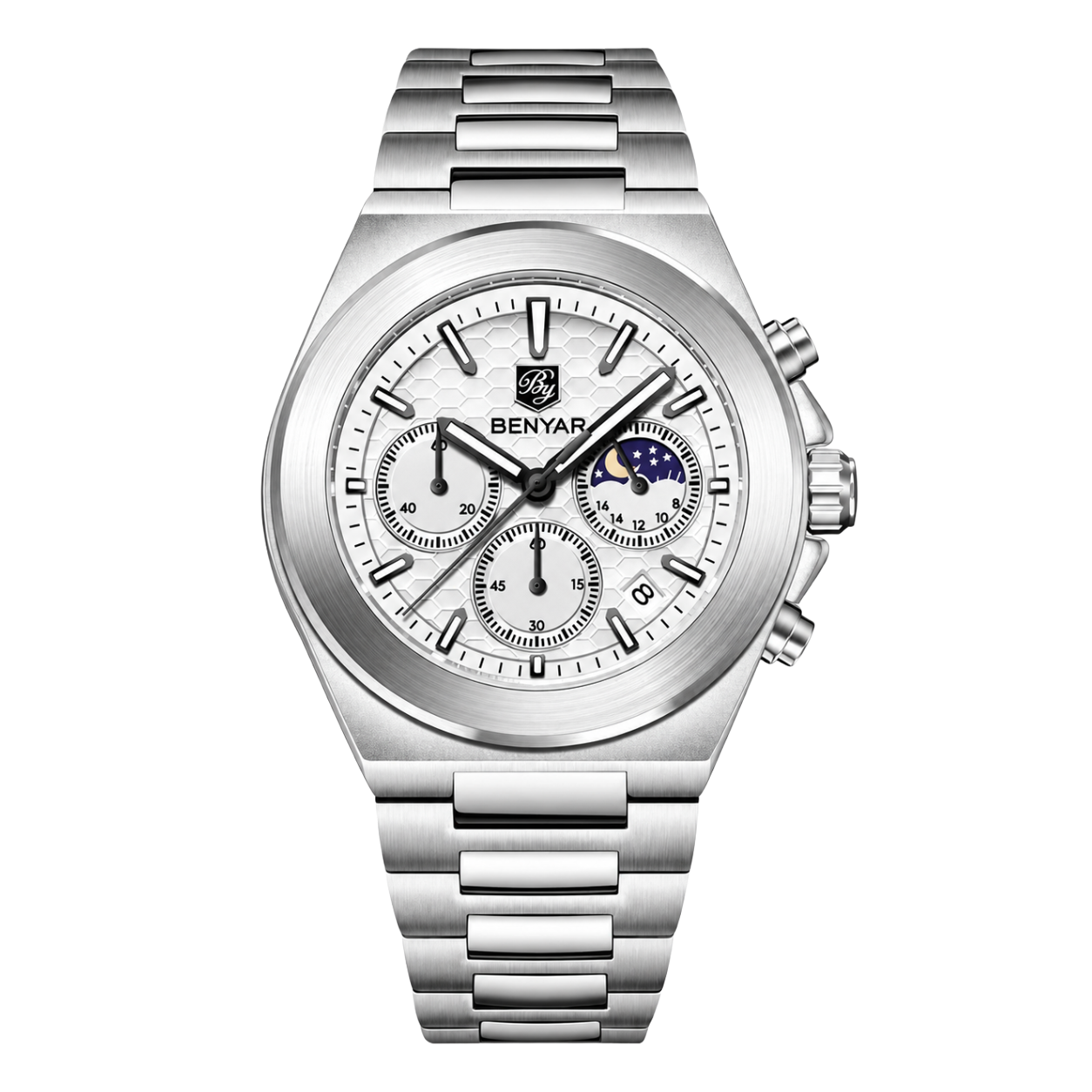 BENYAR BY-5250D Montre Homme Chronographe Étanche en Acier Inoxydable - Blanc