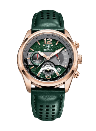 BENYAR BY-5171F Montre Homme Chronographe Vert & Bronze – Bracelet en Cuir, Style Sport Chic & Étanche