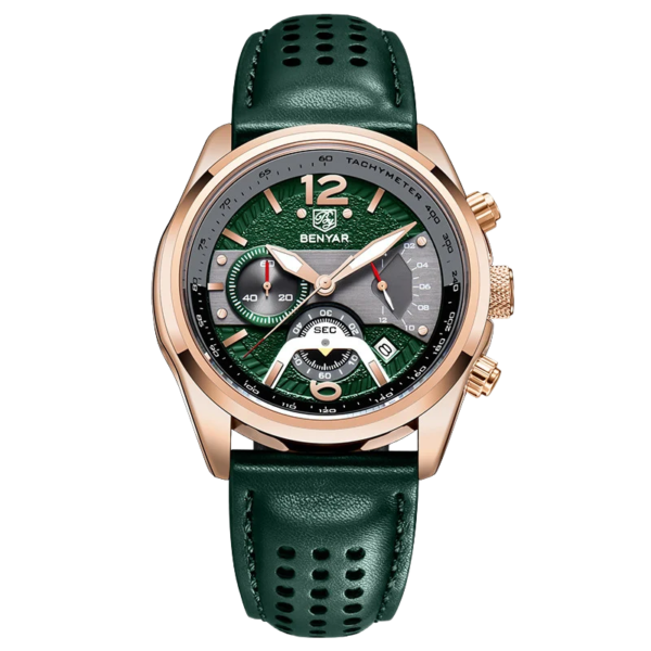 BENYAR BY-5171F Montre Homme Chronographe Vert & Bronze – Bracelet en Cuir, Style Sport Chic & Étanche