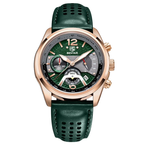 BENYAR BY-5171F Montre Homme Chronographe Vert & Bronze – Bracelet en Cuir, Style Sport Chic & Étanche