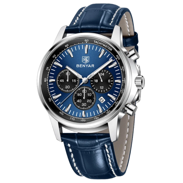 BENYAR BY-5213B Montre Homme Chronographe Bleu – Bracelet en Cuir, Style Sport Chic & Étanche