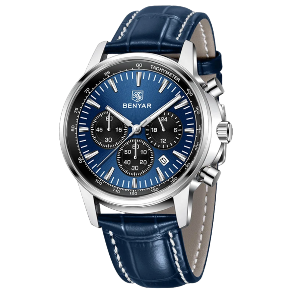 BENYAR BY-5213B Montre Homme Chronographe Bleu – Bracelet en Cuir, Style Sport Chic & Étanche