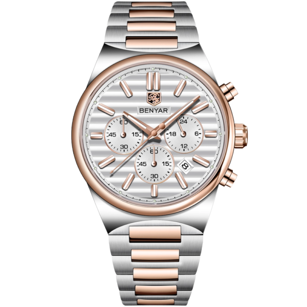 BENYAR BY-5214D Montre Homme Chronographe Étanche en Acier Inoxydable - Blanc & bronze