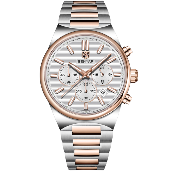 BENYAR BY-5214D Montre Homme Chronographe Étanche en Acier Inoxydable - Blanc & bronze