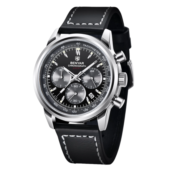 BENYAR BY-5213A Montre Homme Chronographe Noir– Bracelet en Cuir, Style Sport Chic & Étanche