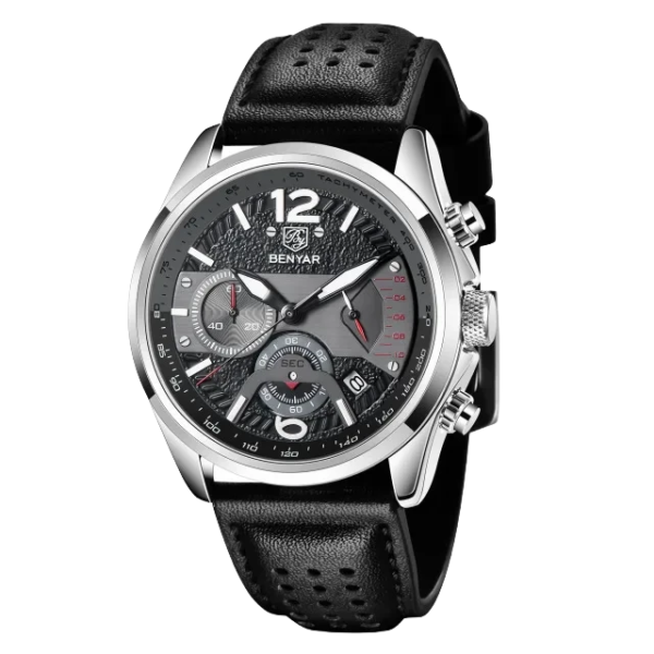 BENYAR BY-5171A Montre Homme Chronographe Noir  – Bracelet en Cuir, Style Sport Chic & Étanche