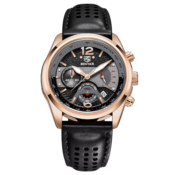 BENYAR BY-5171E Montre Homme Chronographe Noir & Bronze – Bracelet en Cuir, Style Sport Chic & Étanche
