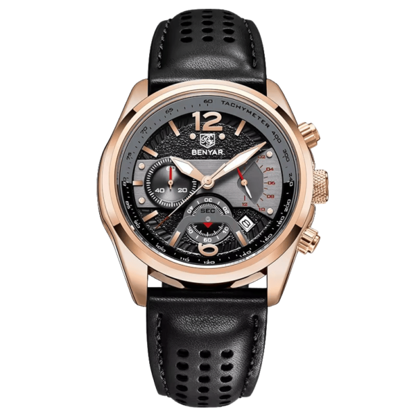BENYAR BY-5171E Montre Homme Chronographe Noir & Bronze – Bracelet en Cuir, Style Sport Chic & Étanche