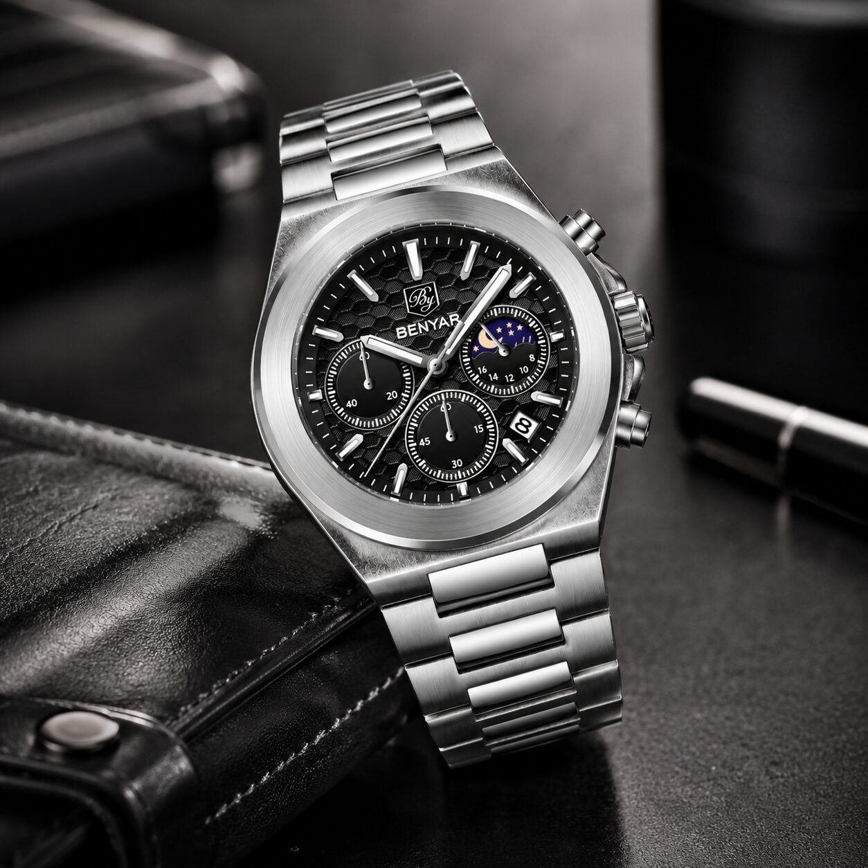 BENYAR BY-5250A Montre Homme Chronographe Étanche en Acier Inoxydable - Noir – Image 2