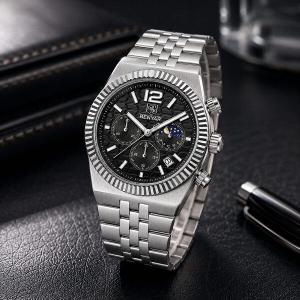 Alternative view of BENYAR BY-5225A Montre Homme Chronographe Étanche en Acier Inoxydable - noir