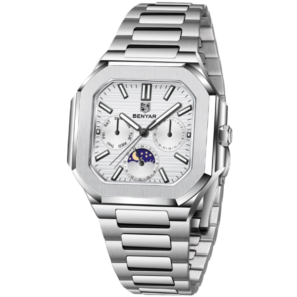 BENYAR BY-5221B Montre Homme Classique Étanche en Acier Inoxydable - Blanc