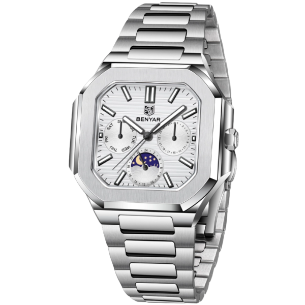 BENYAR BY-5221B Montre Homme Classique Étanche en Acier Inoxydable - Blanc